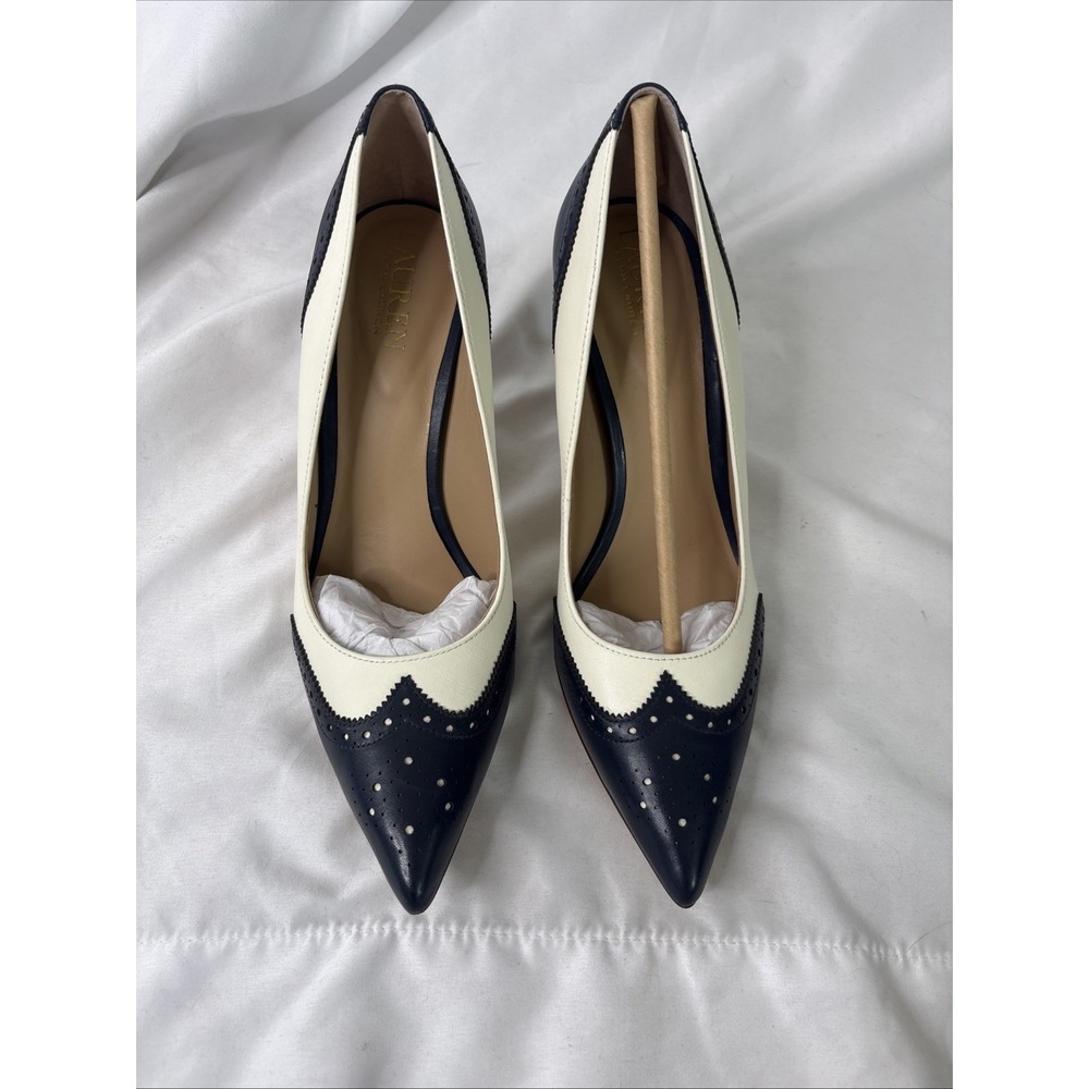 Lauren Ralph Lauren Women's 8.5 Lynden Leather Pointed Pump Heels Blue Cream - Picture 8 of 9